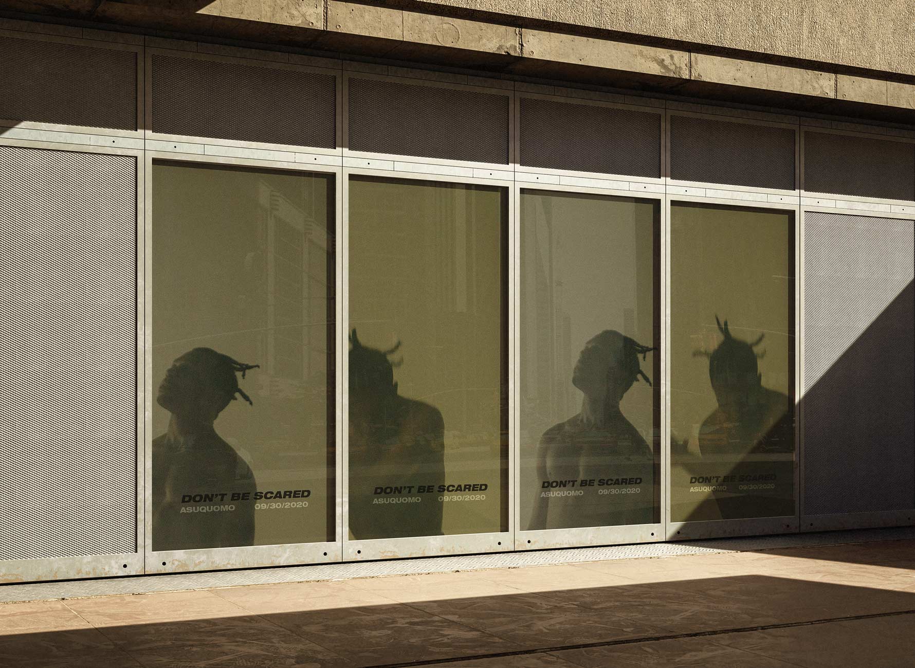 Asuquomo video premiere posters — shadow, repetition, and minimal typography