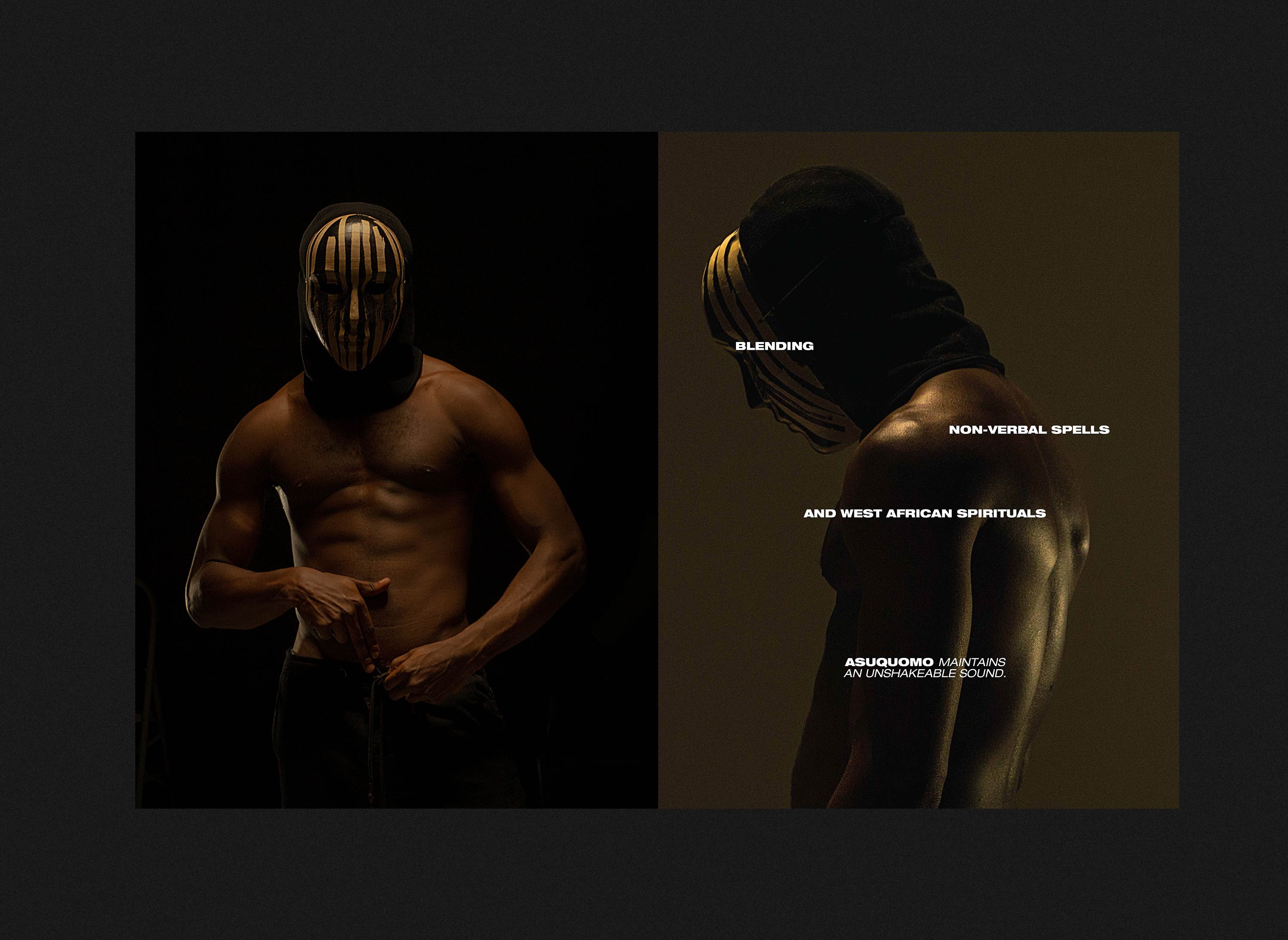 Asuquomo EPK editorial spread — dramatic portrait photography with sparse typography