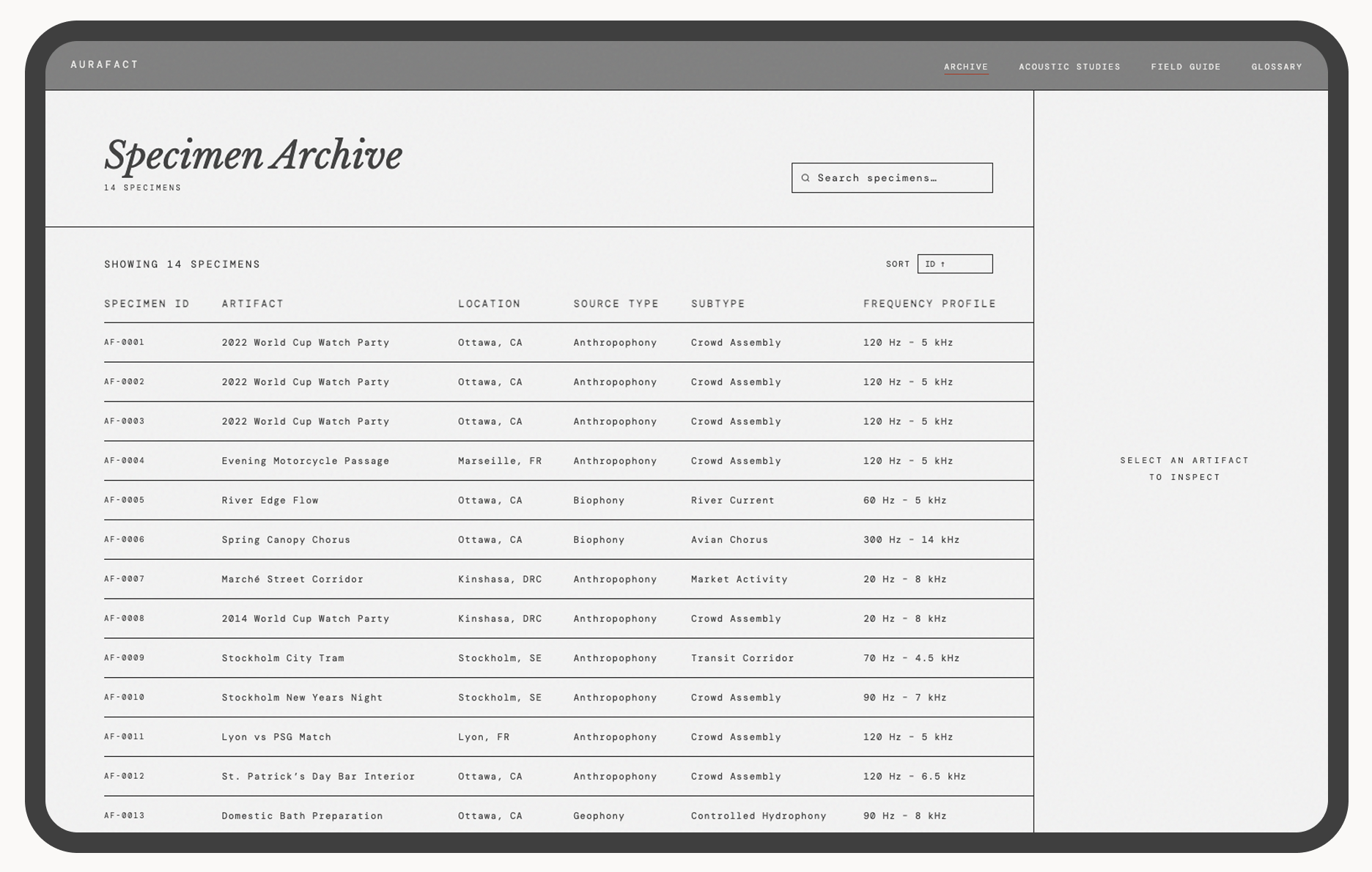 Aurafact Specimen Archive — searchable table showing specimen IDs, artifact names, locations, source types, subtypes, and frequency profiles with a detail panel open on the right