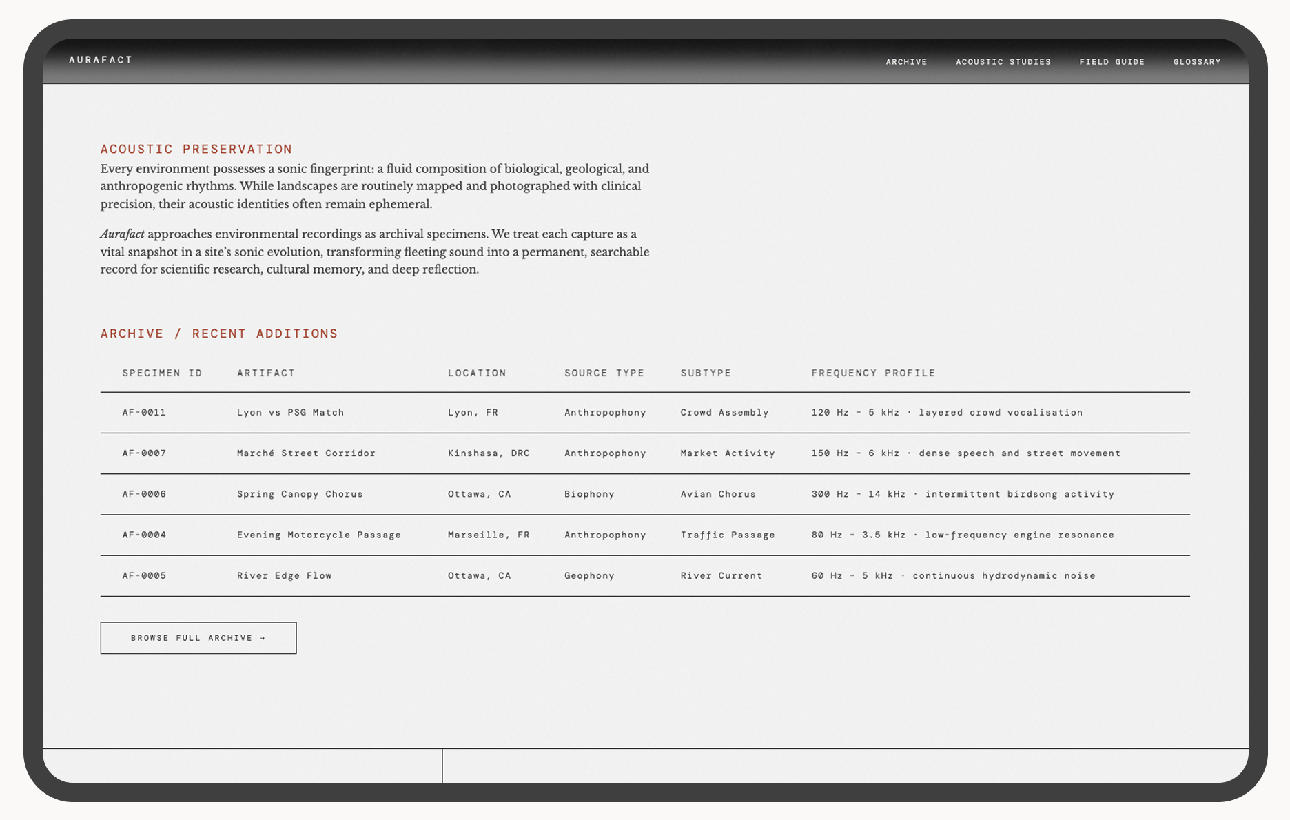 Aurafact homepage — below-fold section showing acoustic preservation statement and recent additions table with specimen data