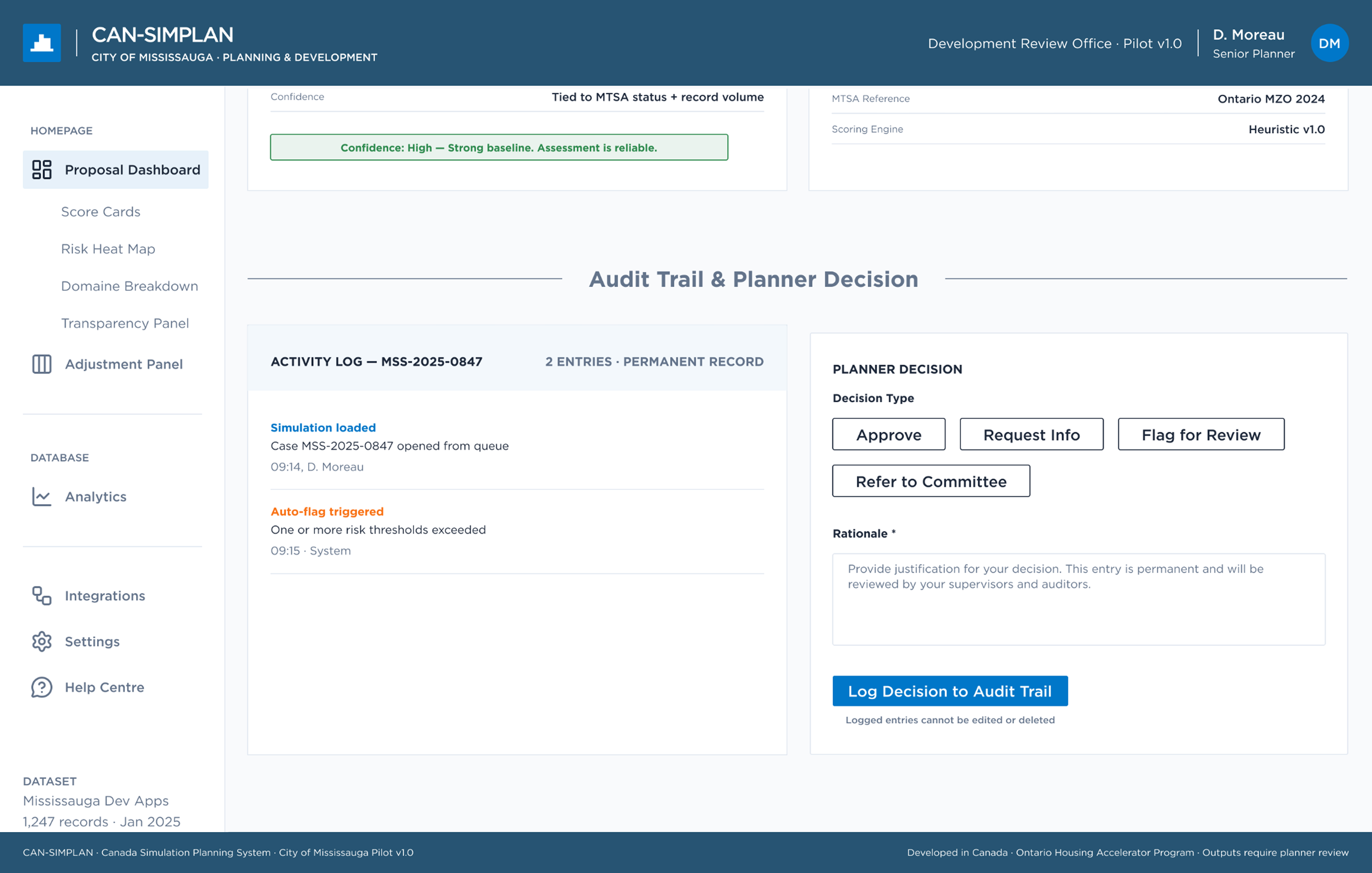 CAN-SIMPLAN audit trail and planner decision panel