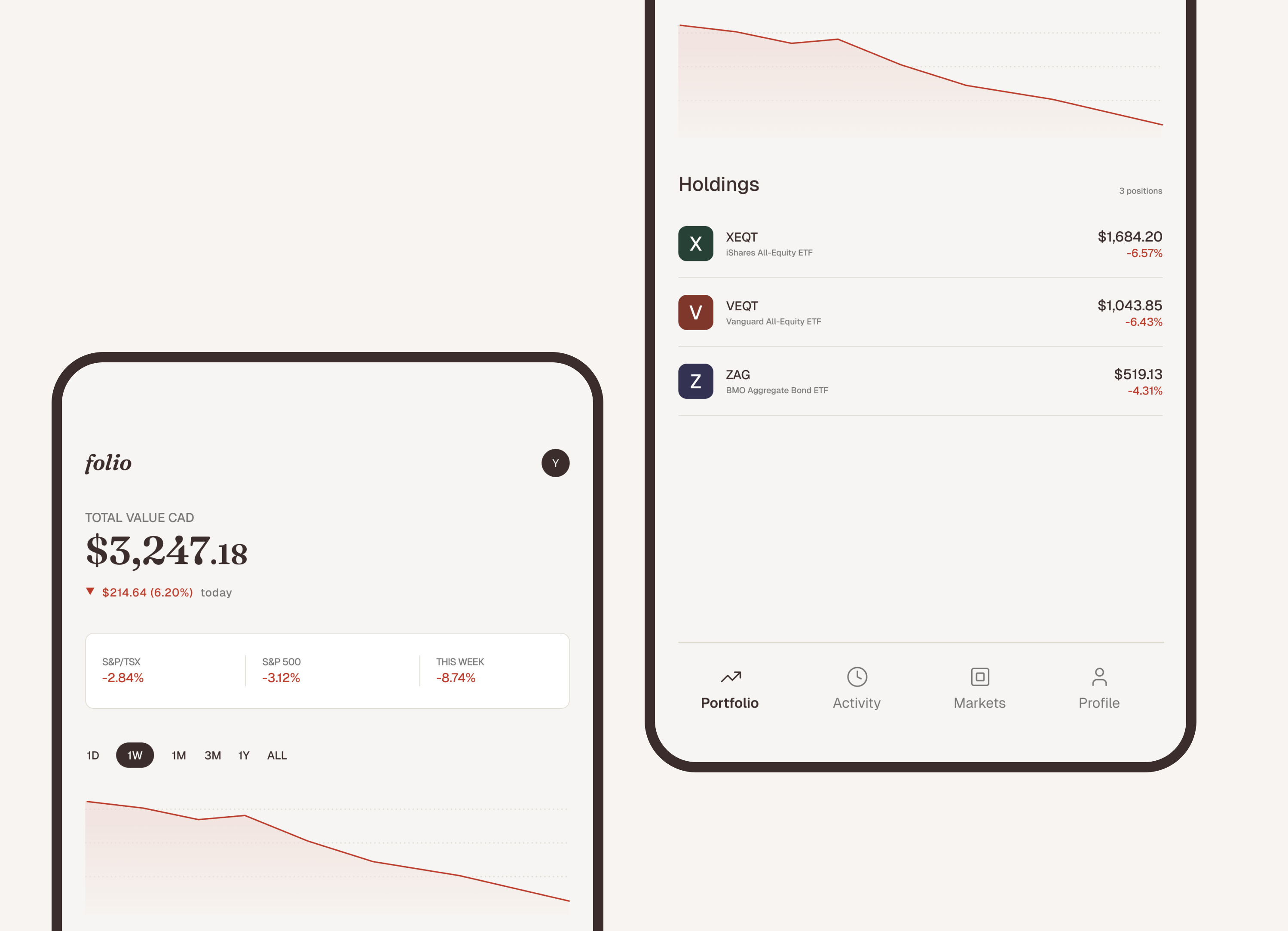 Check-In Agent: ambient indicator surfacing inside a simulated investment app during a market downturn
