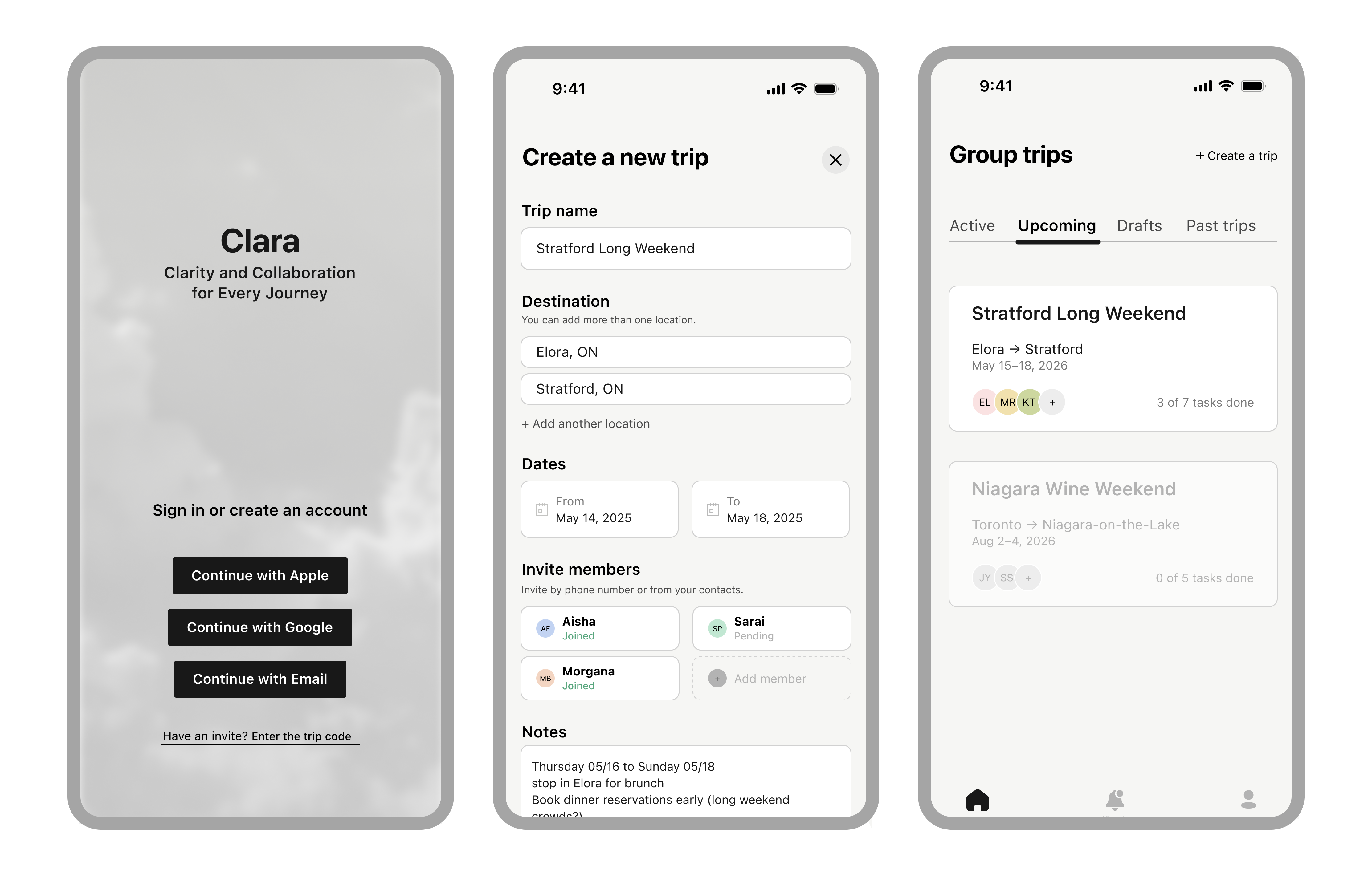 Final Clara screens — trip creation, dashboard, and task assignment