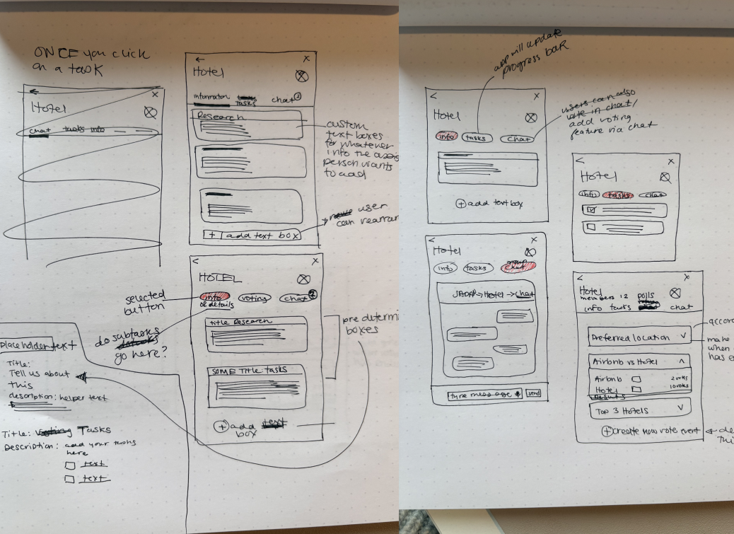 Early Clara sketches exploring different ways to surface task ownership