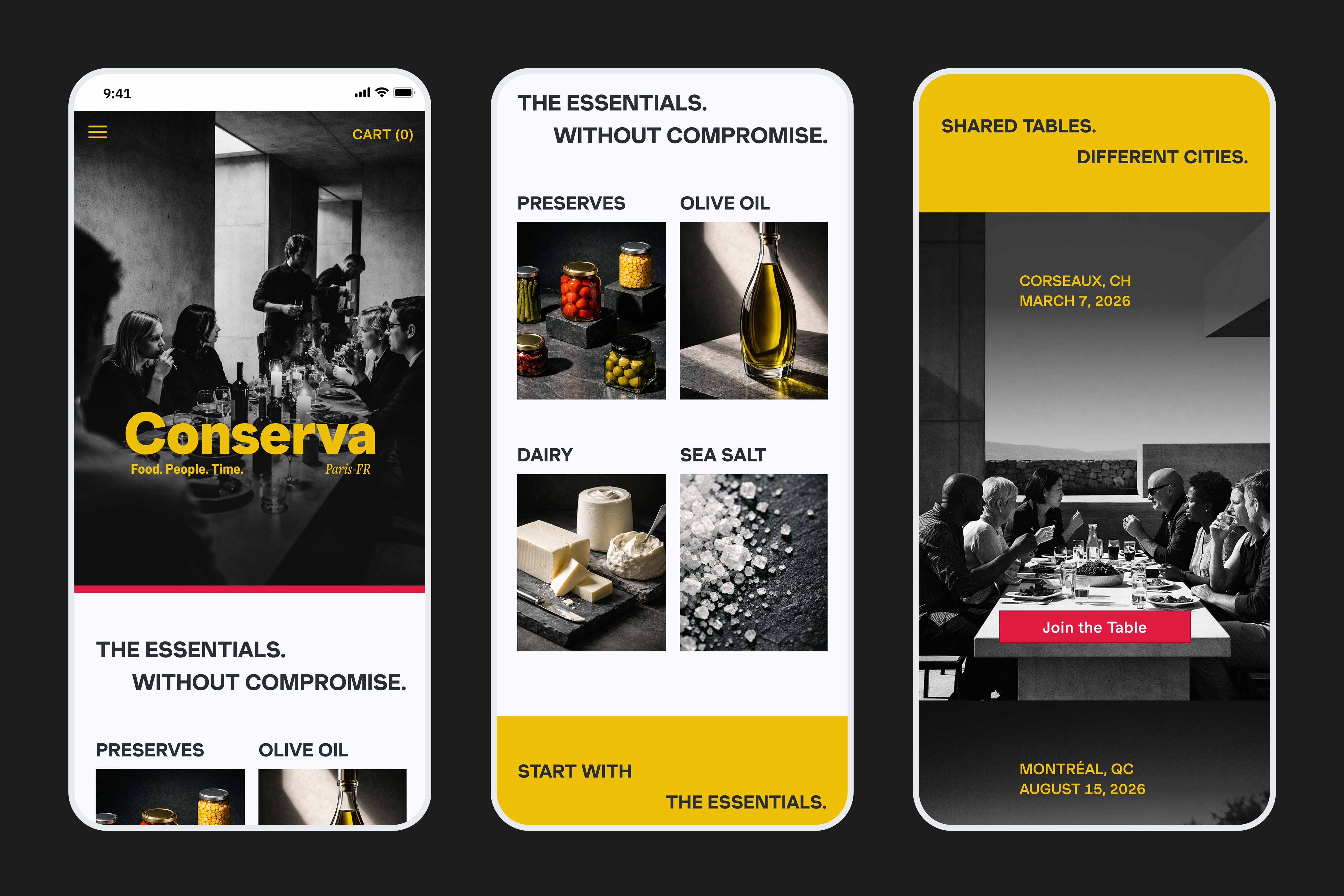 Conserva home screen — editorial statement, category grid, and community event module