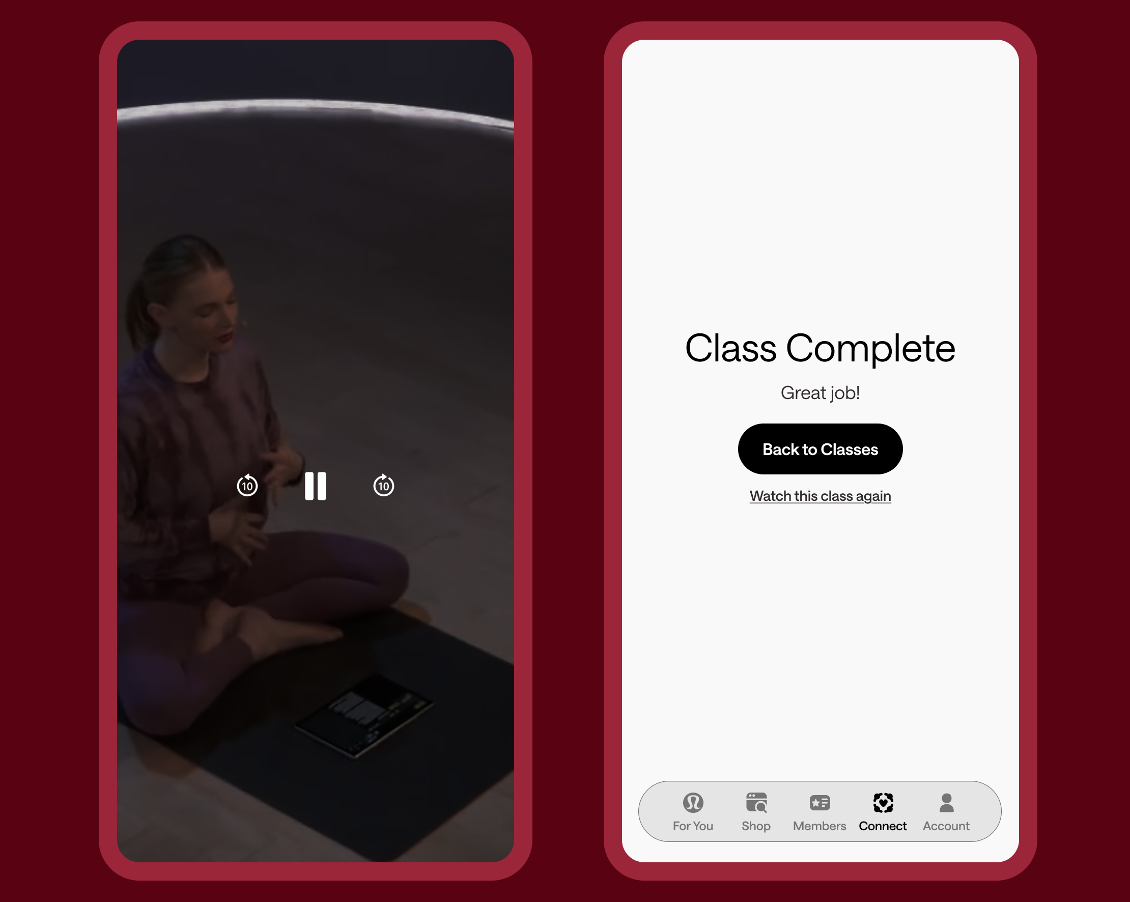 New Class Completion screen — Class Complete heading, Back to Classes CTA, Watch Again link