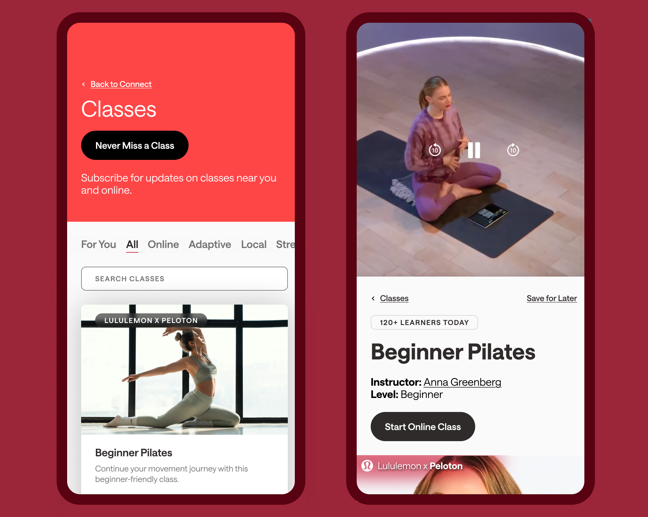 Redesigned Class Detail screen — instructor at top, start CTA prominent, product recommendations below
