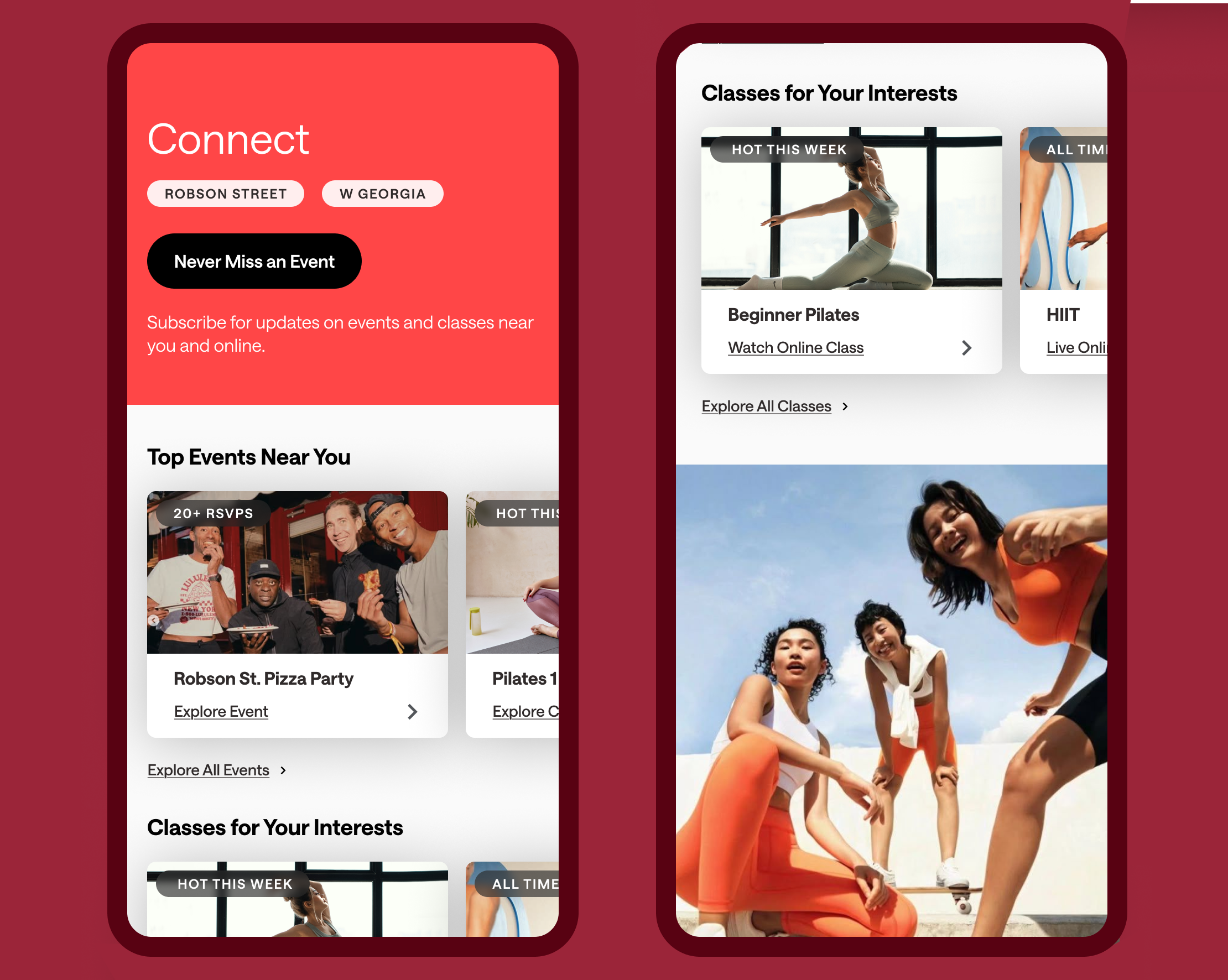 Redesigned Connect tab — community events and classes with consistent visual hierarchy