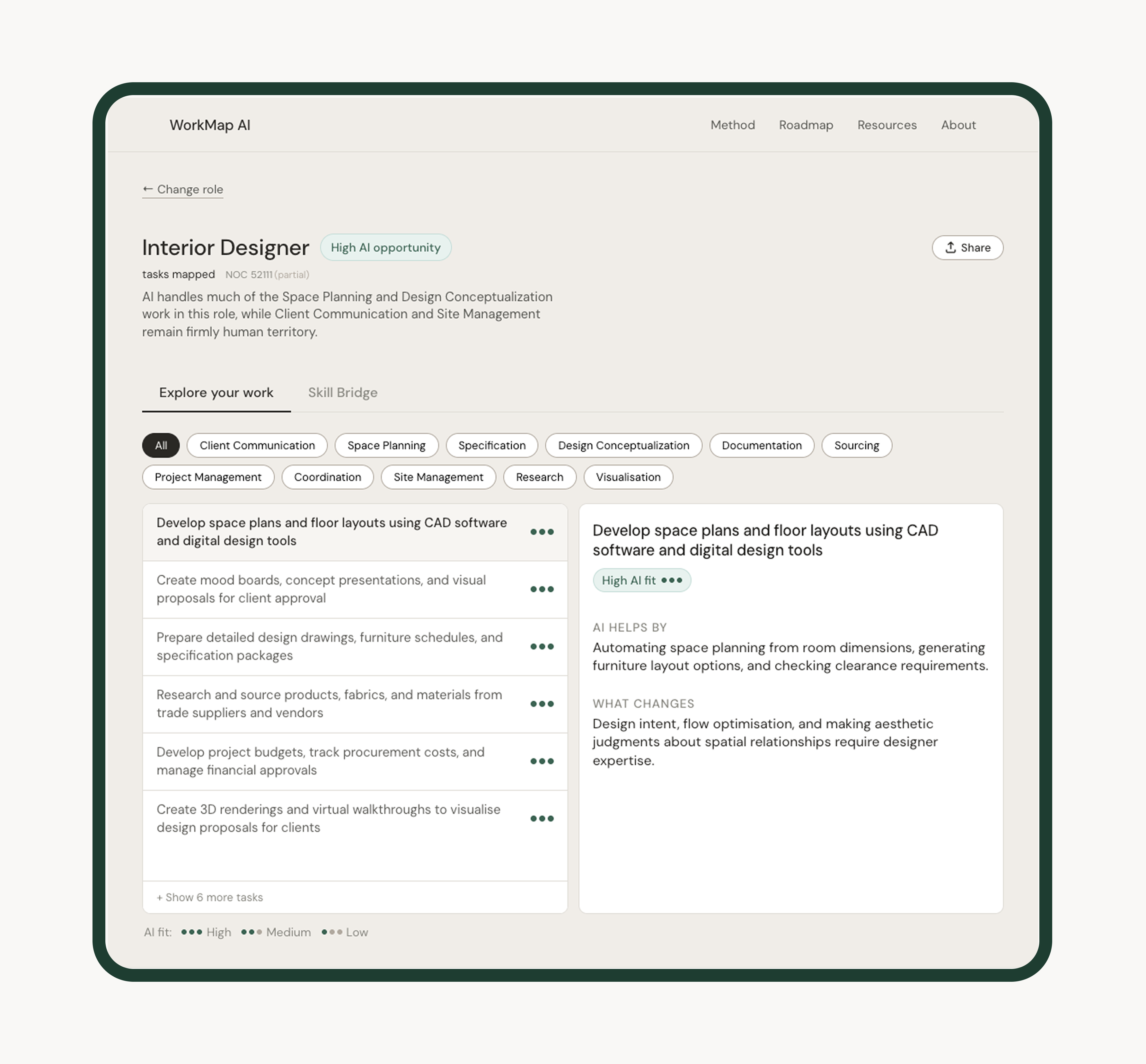 WorkMap role view — task list with AI fit scores and plain-language explanations per task